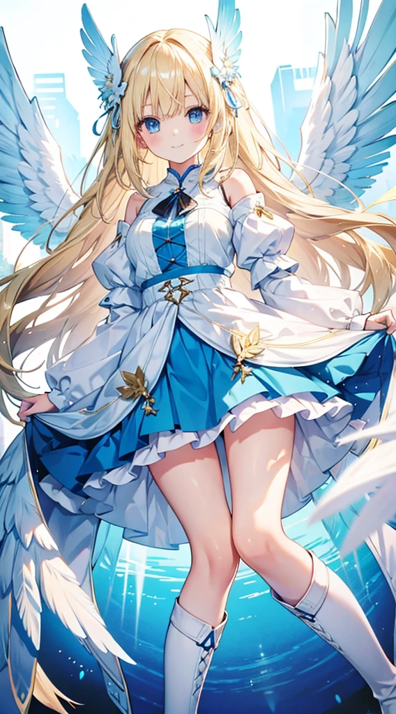 Blonde hair and blue eyes Light blue clothes skirt Feather hair ornament bright smile Wings are growing White boots slender Girl cute Long Hair