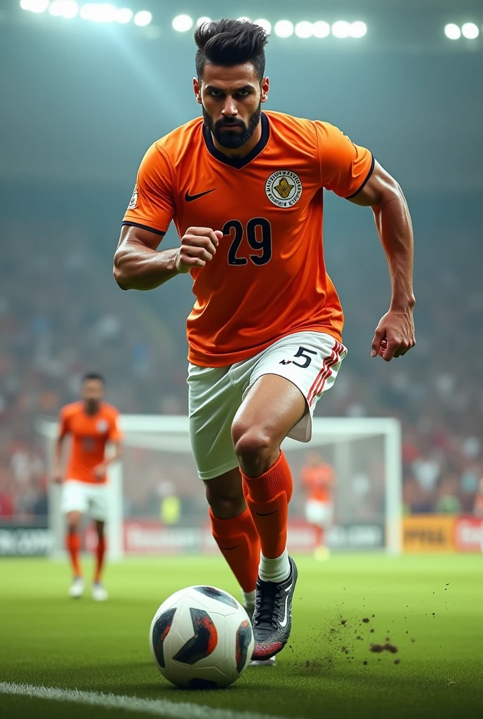 A indian football player wear indian football team jersey which name is vasu with masculine body angry confident face and jersey no. 29 
Way on goal