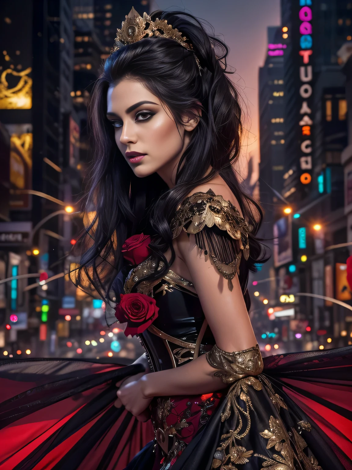 Twilight lady, beautiful and mysterious woman, a work of art of beauty, realistic and sharp focus, wearing sexy clothes. detailed Professionally retouched, soft lighting, realistic and smooth face, perfect eyes, sharp focus on eyes, 8k, high definition, incredibly detailed, complex, elegant. on a Time Square background at night. long black hair, striking face, expressive and crystalline green eyes, black floral tulle with gold embroidered edges draped over the shoulders, shiny red and gold satin corset, detailed and intricate, draped black skirt, light fabric, with golden roses at the waist, night background. Full HD.