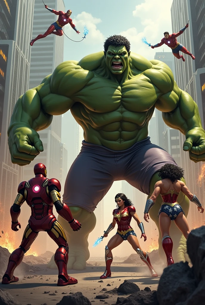 Dr doom and Hulk fight intersect iron man and wonder woman 
