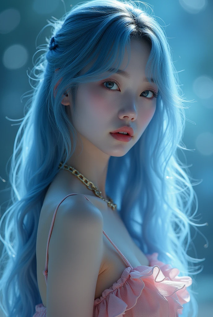 Pale Korean model woman, angelic face, long all blue hair, soft pink dress with ruffle, long gold bracelet, music video style scene, closeup, intense cinematic lighting