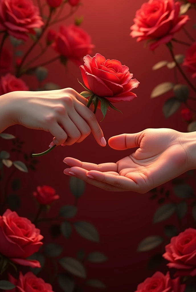 One hand offers a red rose while the other delicately receives it, the hands touch gently in the gesture. Ao fundo, a profusion of red roses fills the image, intensifying the feeling of romanticism and tenderness.