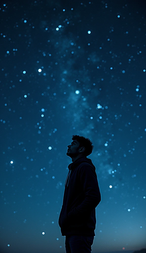 long exposure starry sky with many circular orbits, focus at stars,silhouette of a young man with his hands in her coat pockets looking up at it,golden ratio, wearing Hoodie