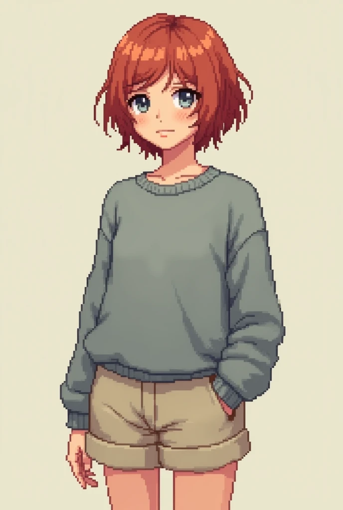 girl with red unkempt short hair, gray eyes, grey sweatshirt and beige shorts, Pixel style