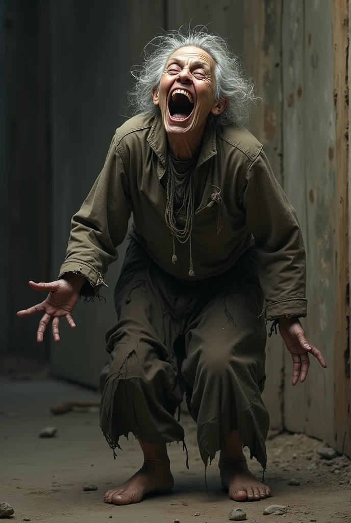an old hunchbacked woman with black and white rag clothes and messy hair laughing out loud at the hundred