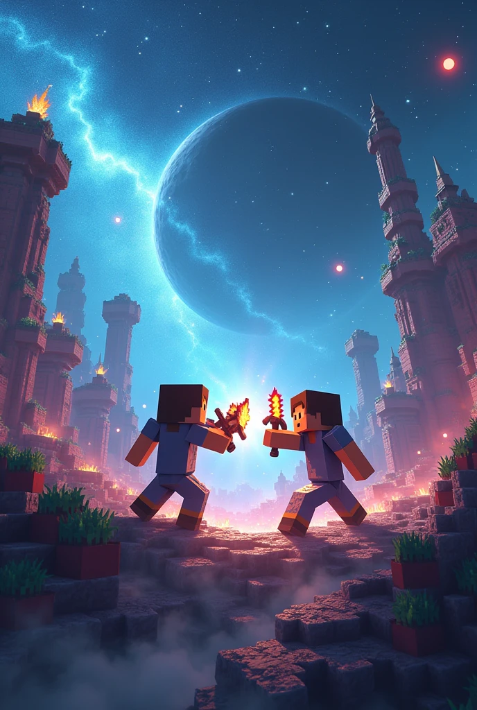 Create a 2 person minecraft landscape doing pvp(fighting) in space with the rocks raised levitating