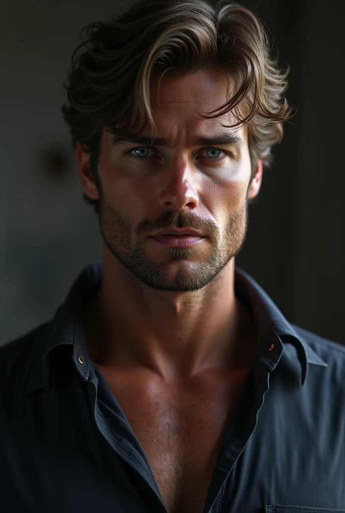 A man with full lips, dark blond hair that's just shaggy enough to be sexy without being messy, his strong, chiseled jaw a stark contrast to his soft blue eyes, he looks fierce and gentle at the same time, a detective, 2, his name is Logan, American, all tanned and toned, his muscles smooth