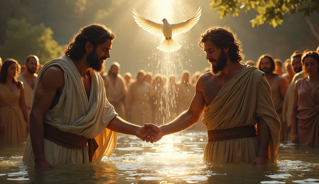 biblical history,
John the Baptist Jesus in the Jordan River Everyone present was amazed, But then, a light and a dove