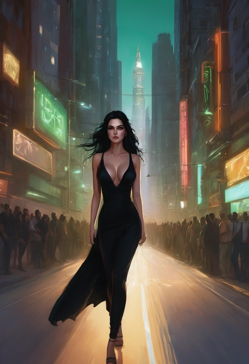(good quality), (many details), (masterpiece), Charlie Bowater style, Gypsy, Green eyes, Black dress(modern), Long black hair, Thin, Young woman, Tall, Big boobs, full body, On the road in a modern city, athletic