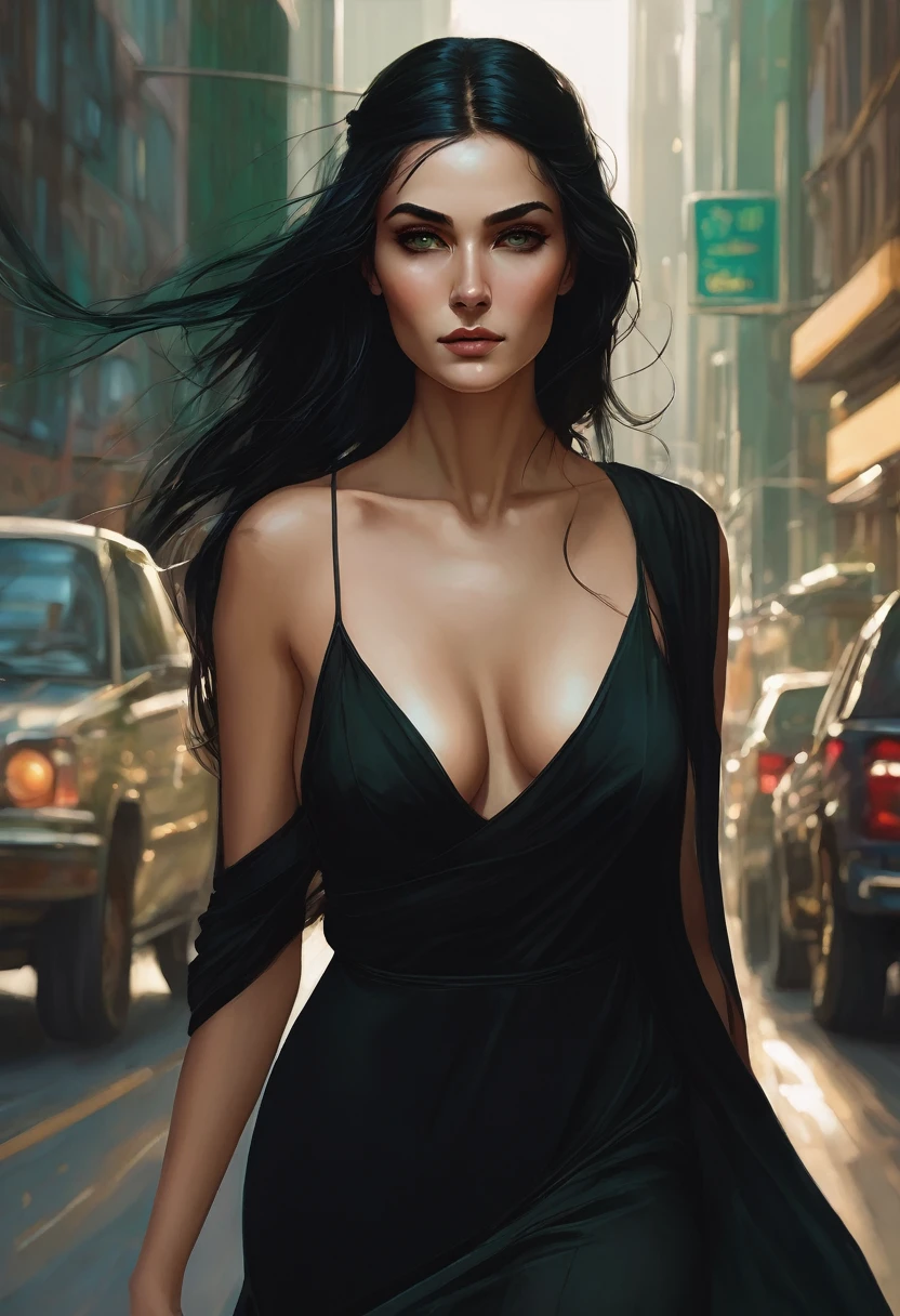 (good quality), (many details), (masterpiece), Charlie Bowater style, Gypsy, Green eyes, Black dress(modern), Long black hair, Thin, Young woman, Tall, Big boobs, full body, On the road in a modern city, athletic