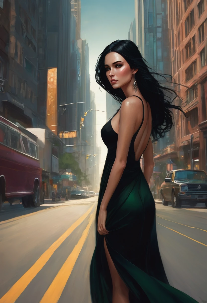 (good quality), (many details), (masterpiece), Charlie Bowater style, Gypsy, Green eyes, Black dress(modern), Long black hair, Thin, Young woman, Tall, Big boobs, full body, On the road in a modern city, athletic
