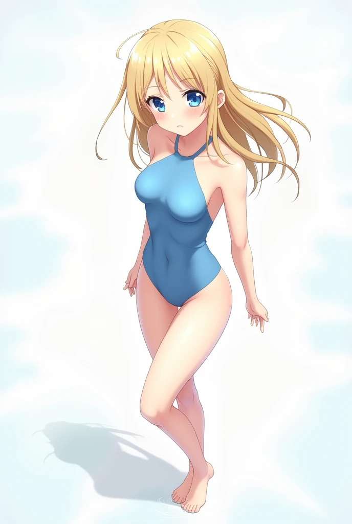 An anime-style illustration of a young woman with long blonde hair blowing in the wind。With big clear blue eyes、It has a delicate and sad expression.。she is currently、She is wearing a blue halter neck swimsuit that accentuates her elegant figure。Bare feet。The soft color scheme combines white and blue.、Creates a gentle and light atmosphere。The woman twists her upper body slightly.、Gaze over your shoulder、The lower body is posed facing forward.。The background is simple and minimal.、Gives an overall light and transparent feel、Designed to accentuate the character's presence。The composition is from head to foot。