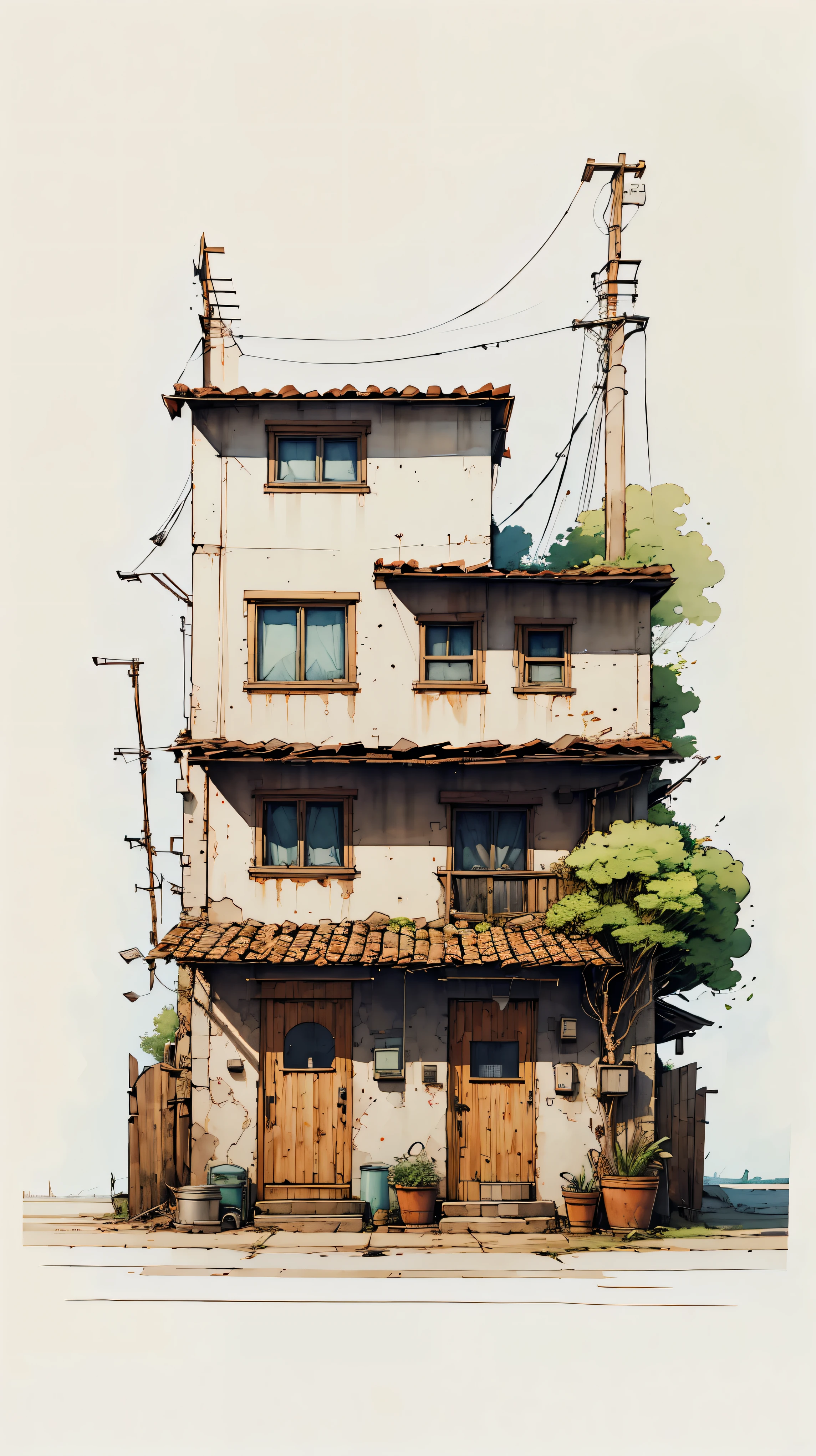 Small House, Unfinished sketch, water color on paper, (simple background:1.2)