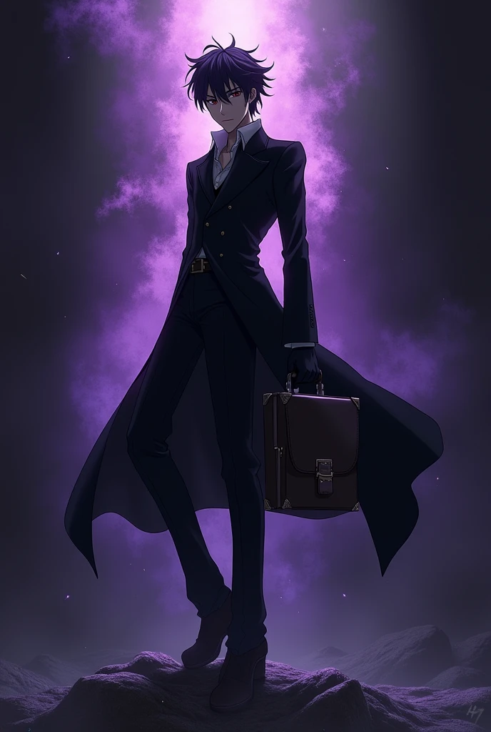 Ishinose Shiki in a black outfit holding a black briefcase with a purple aura around both of them, on the cover of the anime world of hunter x hunter