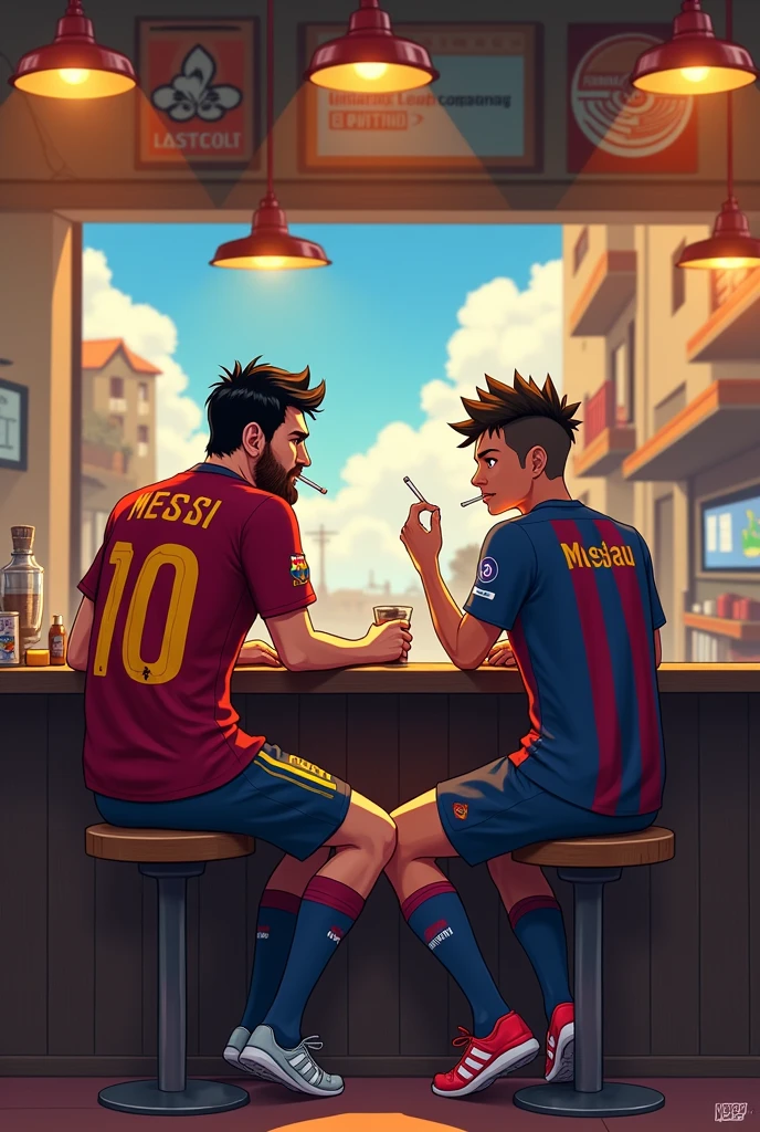 "Create a 2D illustration of Messi and Neymar sitting together at the Bar. Neymar should be in his usual barcelona kit,while Messi wears his signature barcelona kit. Both are happily smoking cigarets , with chopsticks in hand. The setting should include the iconic Ichiraku Ramen shop, with its wooden counter, stools, and the warm, cozy atmosphere of the shop. The background can feature a glimpse of the Hidden Leaf Village, with soft lighting to create a friendly and inviting scene."