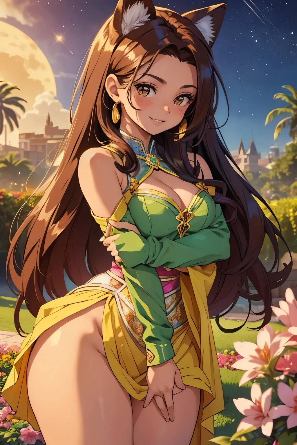 (best quality,4k,8k,highres,masterpiece:1.2),ultra-detailed,(realistic,photorealistic,photo-realistic:1.37),acrylic painting,beautiful Brazilian model in pink outfit with downy hair,beautiful Brazilian model with extremely colorful brown hair and detailed facial features,beautiful Brazilian model standing in a beautiful garden surrounded by a starry sky,brown hair,beautiful Brazilian model with intricate accessories,cat ears, ,beautiful Brazilian model with long flowing twintails,beautiful Brazilian model with bright brown eyes and rosy lips,beautiful Brazilian model with a joyful expression,beautiful Brazilian model in a dynamic pose with cherry blossoms falling around her,beautiful Brazilian model surrounded by colorful flowers and butterflies,beautiful Brazilian model with an enchanting smile,beautiful Brazilian model with soft, pastel-colored shading,beautiful Brazilian model with a magical glow illuminating her,beautiful Brazilian model in a picturesque setting with a winding path leading to a magnificent castle,beautiful Brazilian model with a fairytale-like background,beautiful Brazilian model with a soft, dreamy atmosphere,beautiful Brazilian model with a subtle bokeh effect,beautiful Brazilian model standing under a sunny sky,beautiful Brazilian model with a warm, golden sunset in the background,beautiful Brazilian model surrounded by twinkling stars and colorful nebulae,creating an ethereal and captivating artistic masterpiece, facing camera, up close, face only, suit dress outfit.