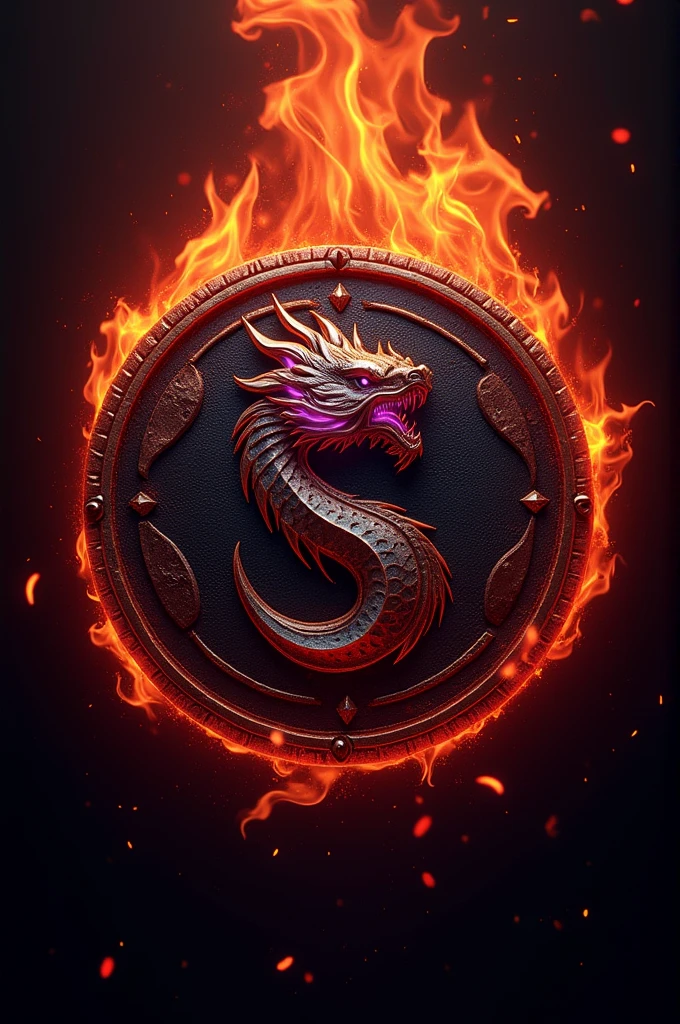 
Title: "Elegant Fury"

Color range:

- Bright red (#FF3737)
- Deep purple (#7a288a)
- Metallic silver (#B1B1B1)
- Deep black (#000000)
- Orange flashes (#FF9900) to simulate flames Elements:

- Dancing flames in the background, with textures and movements that suggest strength and passion.
- A small minimal dragon symbol listed in the center, with clean and simple lines, but with details that suggest power and strength. A dragon head with fierce purple eyes. 
- Cast metal patterns or leather textures around the dragon symbol, to add depth and complexity.
- Silver and red light flashes on the edges of the design, to create a heat and energy effect.
-Golden frames on the dragon symbol - A touch of delicacy in the details, such as filigree or intricate patterns, to balance roughness with elegance.

style:

- Rough and powerful theme, with a touch of elegance and sophistication.
- Industrial and post-apocalyptic influences in the design, with a touch of luxury and glamour.

