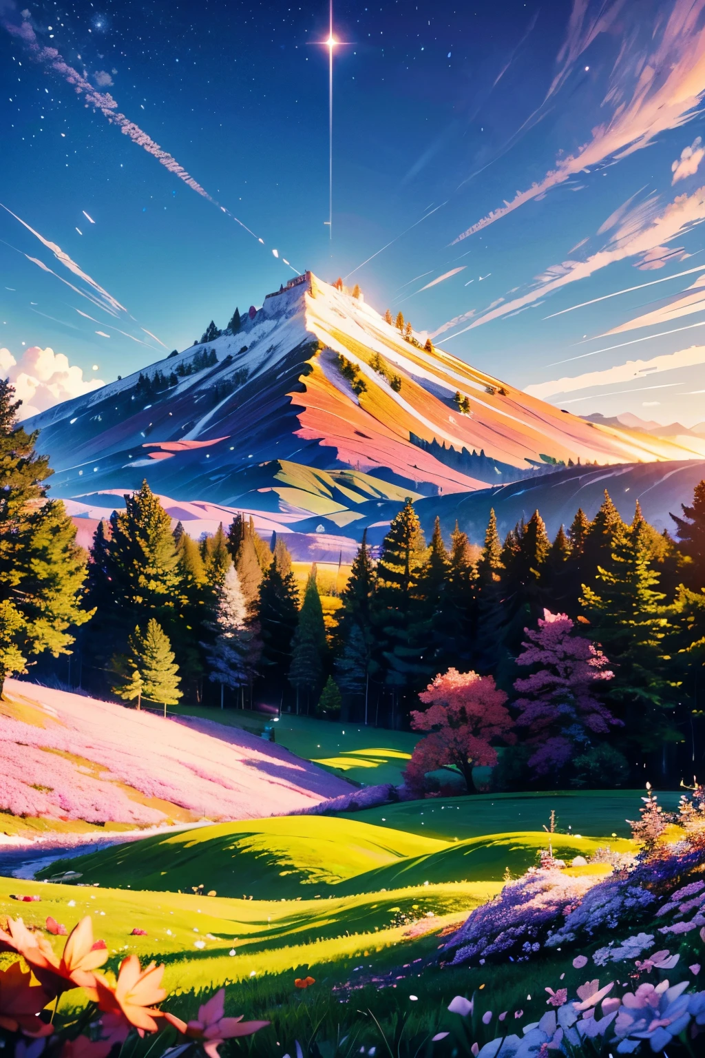 Prompt: masterpiece, best quality, ultra-detailed,detailed water, maple trees, everywhere mistletoe, gorgeous, maple and spruce trees, cherry, cherry tree, smile, view from front, wolf ears, snowy background, science fiction, multiple tails, Tall evergreens stand tall and proud, their branches weighed down by heavy snow, volumetric lighting AND masterpiece, best quality, high quality, extremely detailed CG unity 16k wallpaper A vibrant spring landscape, bursting with new life and color. Rolling hills are covered with a carpet of green, dotted with delicate wildflowers in shades of pink, purple, and yellow, with volumetric lighting