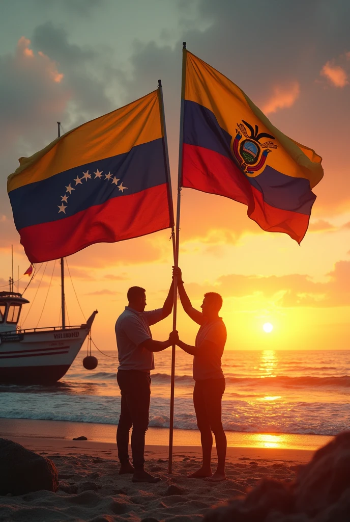 Two people raising flags, one flag of Venezuela and another flag of Ecuador on a beach at sunset, sun rays and a fishing boat in the background that says Manta, cyber realistic