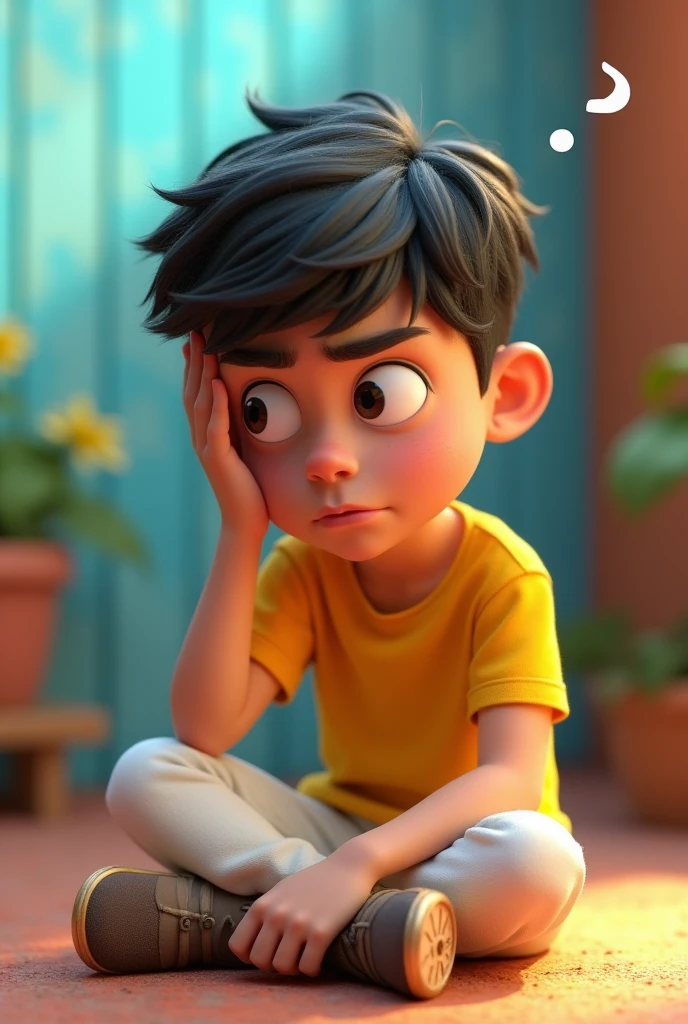 Create cinematic 3d cartoon style images "a boy sitting in tention? Colour full,vertule, yellow shirt, white pent with tention mood and quotation mark sign left hand on head"