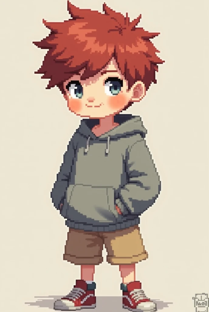 boy with red unkempt short hair, gray eyes, grey sweatshirt and beige shorts, Pixel style