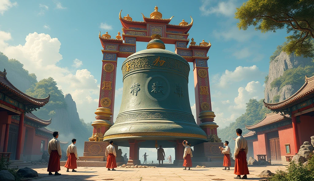 Men building a giant Chinese bell