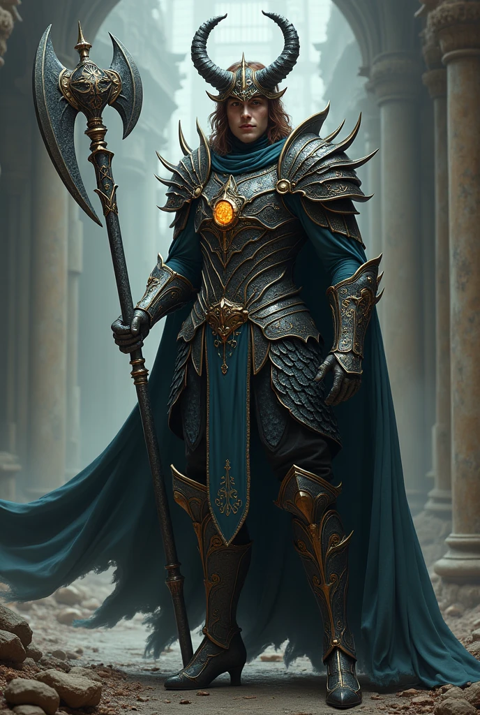 Cleric Man with medium brown hair wearing sexy dragon armor, with horns, a great axe and high heels