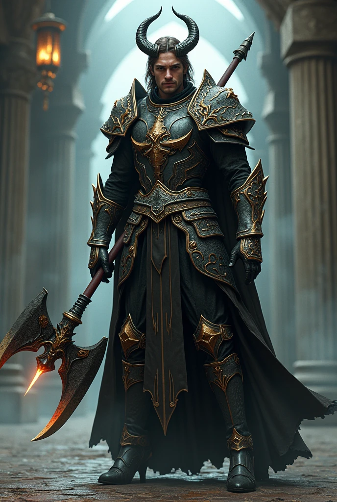 Cleric Man with medium brown hair wearing sexy dragon armor, with horns, a great axe and high heels