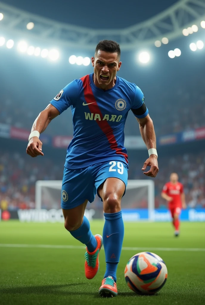A indian football player wear indian football team jersey which name is vasu on jersey with masculine body angry confident face and jersey no. 29
Way on goal