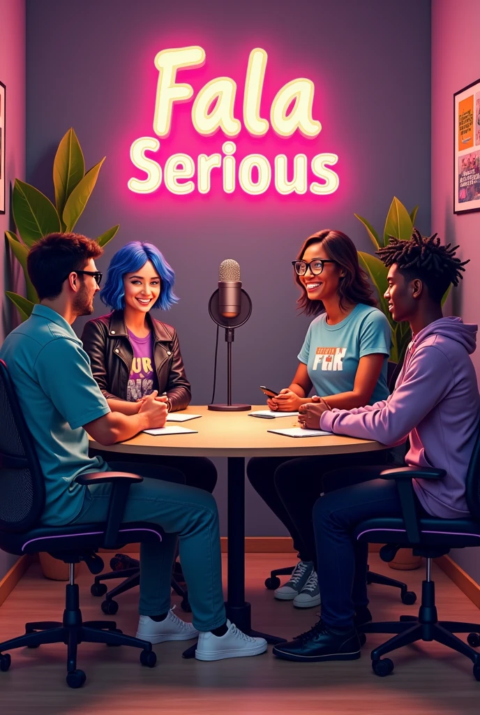 .The background could have the name of the podcast “fala serious” in Portuguese in fun typography. Comfortable, modern furniture like a light wood table and black chair with lilac accents add personality. Warm lighting with subtle LED lights creates a welcoming atmosphere. Plants, images with funny phrases and high-quality microphones complement the look, reflecting the light and humorous tone of the program. (man Thick-rimmed glasses, t-shirts printed with geek references, and a casual style, with sneakers and jeans. redhead, blue eyes) (woman Short hair dyed in a vibrant tone (like blue), casual style with leather jackets and funky accessories. Light brown eyes) (woman with long black hair, colorful and modern style, with printed blouses and delicate accessories. green eyes) (man Messy hair, comfortable clothes, such as sweatshirts, always with a relaxed look. black skin color)