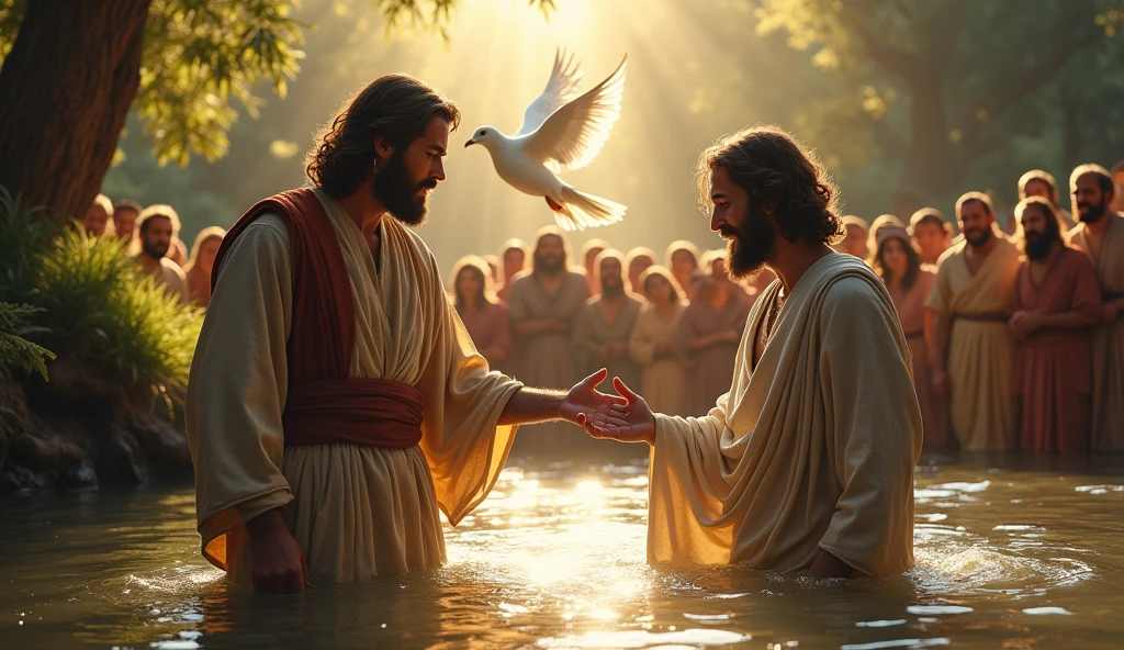 biblical history,
John the Baptist Jesus in the Jordan River Everyone present was amazed, But then, a light and a dove