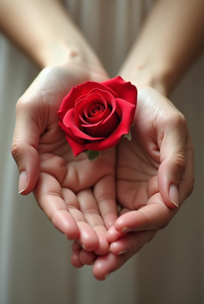 One hand offers a red rose while the other delicately receives it, the hands touch gently in the gesture.