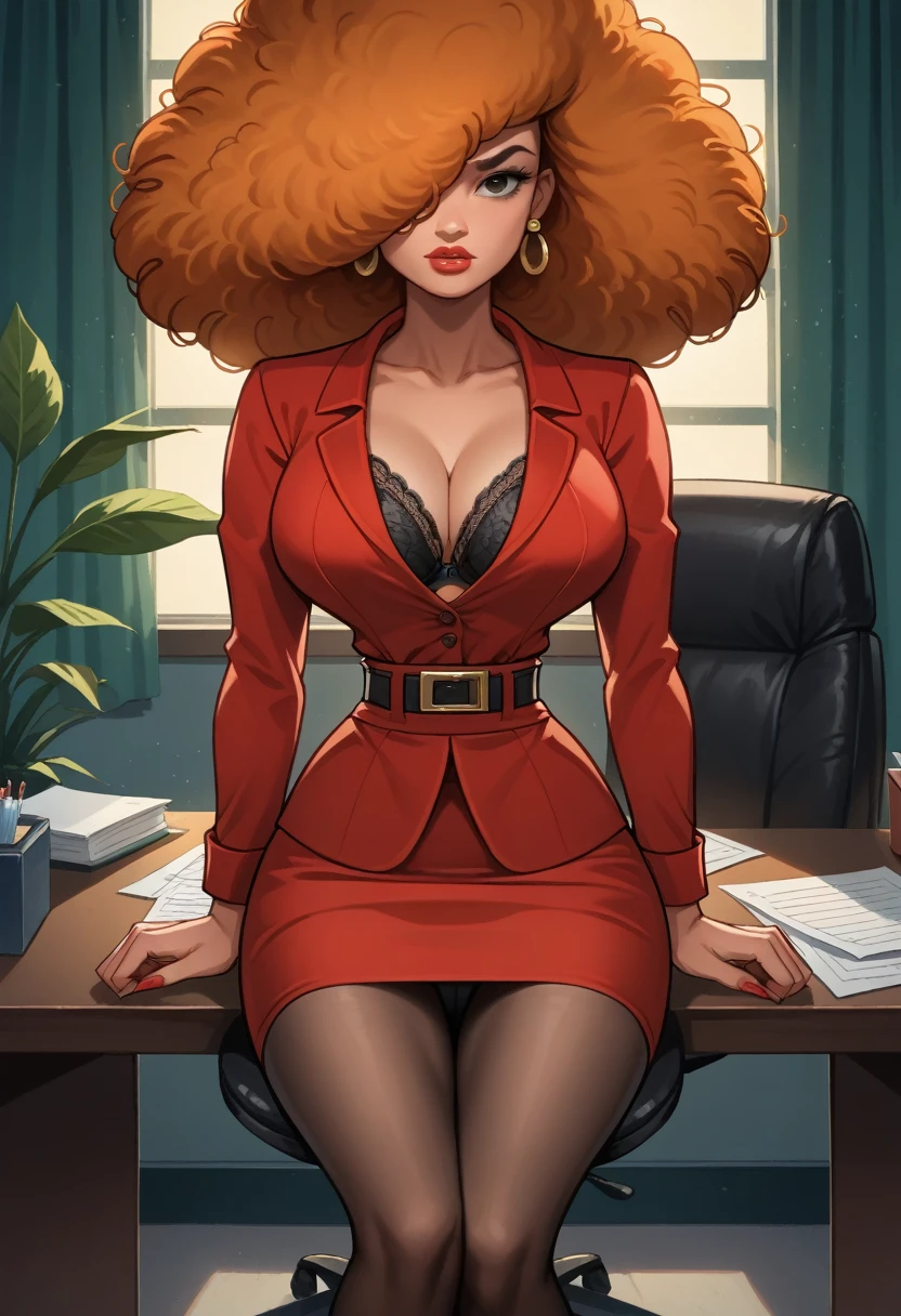 Sara Bellum of the caricature "Powerpuff Girls",Orange hair, sitting on a desk, Red jacket,  unbuttoned orange blouse, red skirt , open legs, unbuttoned blouse, big breasts, black bra, hair covers her eyes, black panty, red hip length pantyhose, in a office, her hair covers her eyes.  