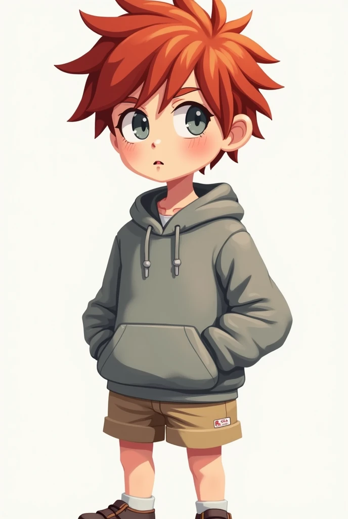 boy with red unkempt short hair, gray eyes, grey sweatshirt and beige shorts, Pixel style
