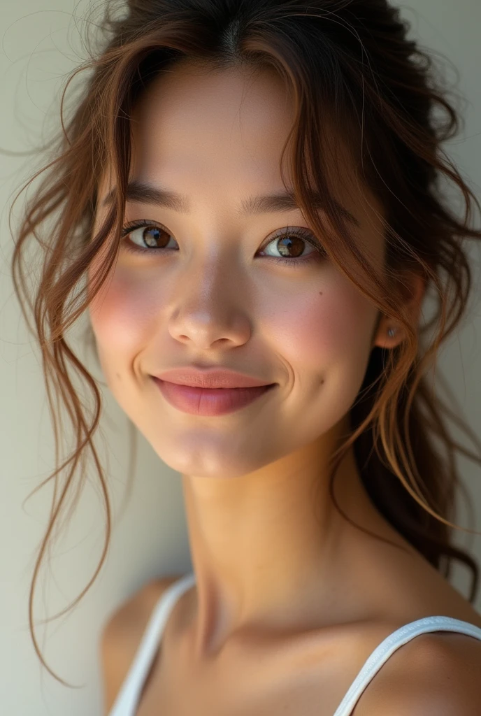 ((masterpiece, Best image quality, High resolution、Lonely、Glowing Skin))(On the table, Highest quality, practical, Very detailed, Scrupulous, High resolution, 8k wallpaper), Close up portrait of beautiful woman, like, smile, Light brown messy hair, Perfect dynamic composition, 美丽Scrupulous的眼睛, ファッション雑誌の表紙like, On campus
