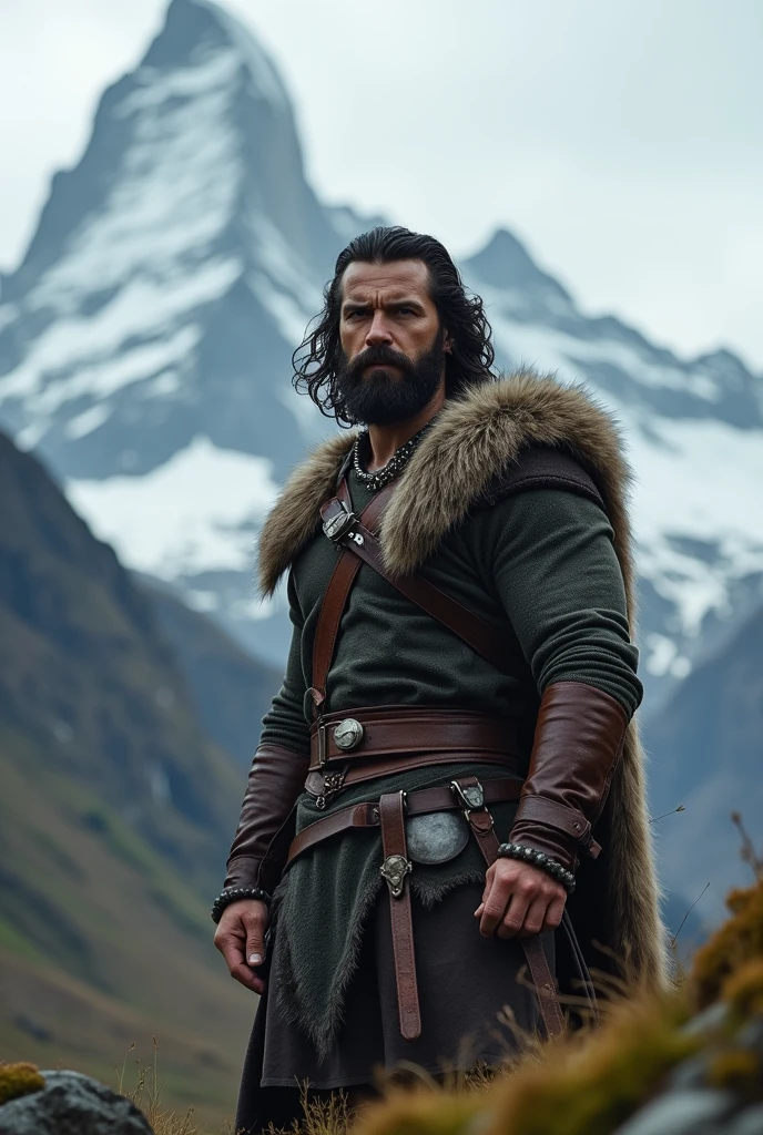 There is a man standing in a mountainous area. He is quite masculine, and has medium shoulder length hair, having a waviness to it and curls at the base of the neck. The top of the hair goes down to his mouth, and the back goes down just past the base of his neck. He has a trimmed black beard. He also wears simplistic medieval clothing, looking somewhat like a Viking, short hair, shor beard