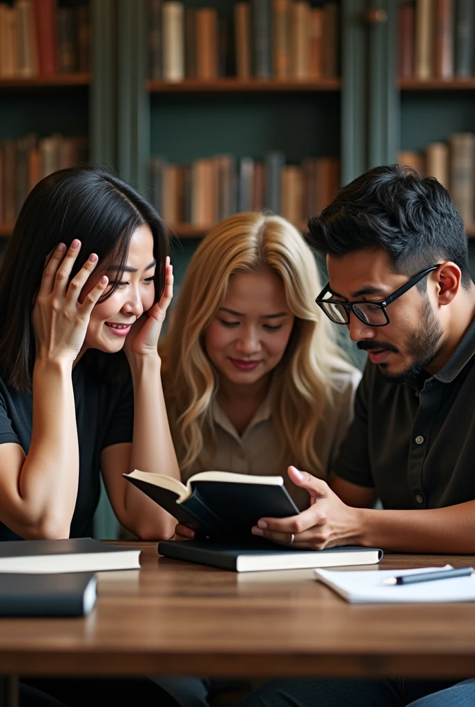 three people, a 40-year-old Asian woman, a blonde woman with long hair, and a black man with glasses with short hair, one of them with his hands on his head, the three of them with a look of astonishment, surprised, happy, sitting around a table looking at a book with a black cover on a table, they are in a study room, behind them a library, realistic image, in HD