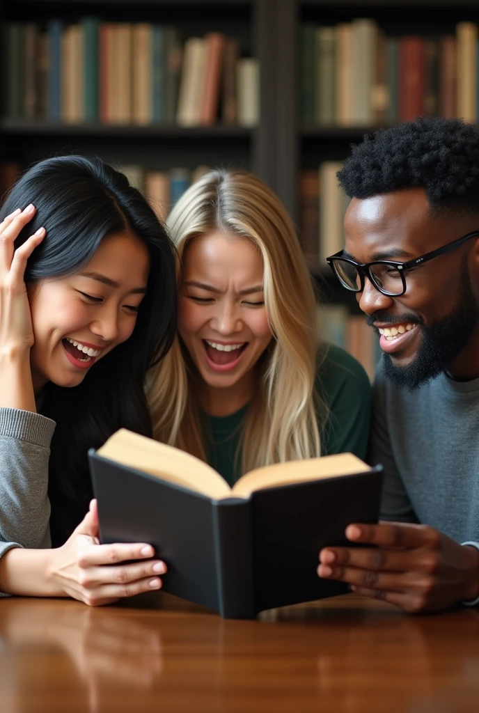 three people, a 40-year-old Asian woman, a blonde woman with long hair, and a black man with glasses with short hair, one of them with his hands on his head, the three of them with a look of astonishment, surprised, happy, sitting around a table looking at a book with a black cover on a table, they are in a study room, behind them a library, realistic image, in HD