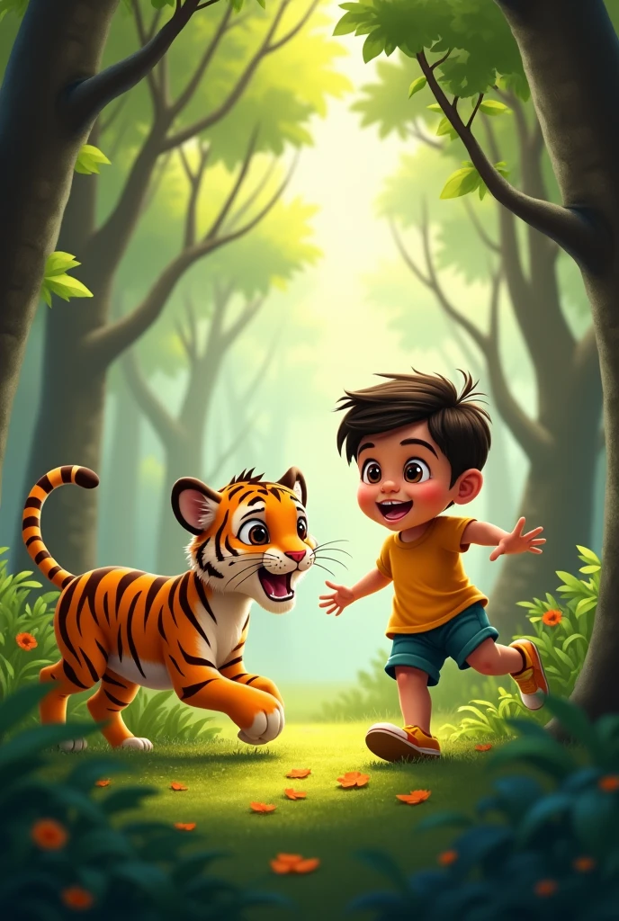 A littel boy raju and littel baby tiger Raja playing hide-and-seek among the trees, Raja pouncing on Raju's legs, both laughing and having fun.