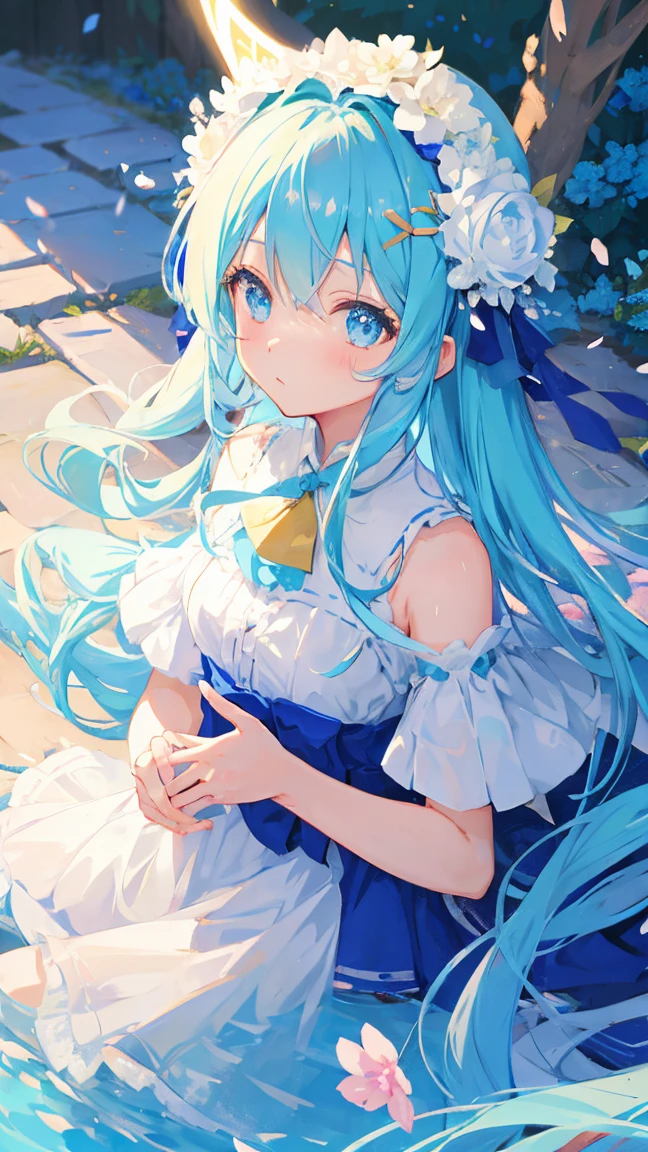 Anime Girl,light blue hair,Flower headdress