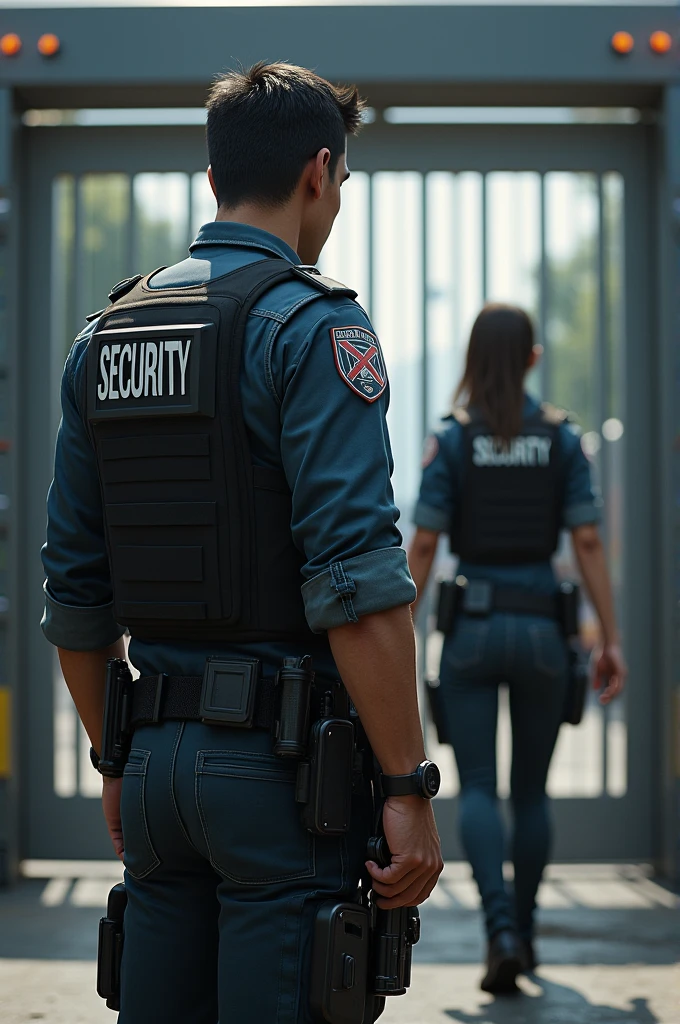 one man and one woman, Security ,in front of a gate with an HT radio in his hands,wearing a bulletproof vest and a holster on his waist with a revolver
