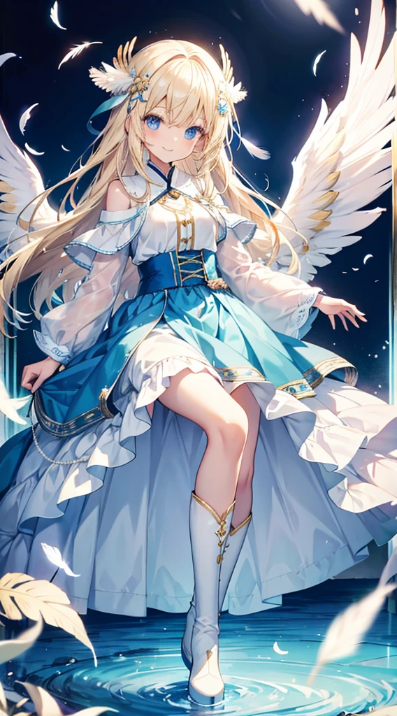 Blonde hair and blue eyes　Light blue clothes　Long skirt　Feather hair ornament　bright　smile　Wings are growing　White boots　slender　Girl　cute　Long Hair