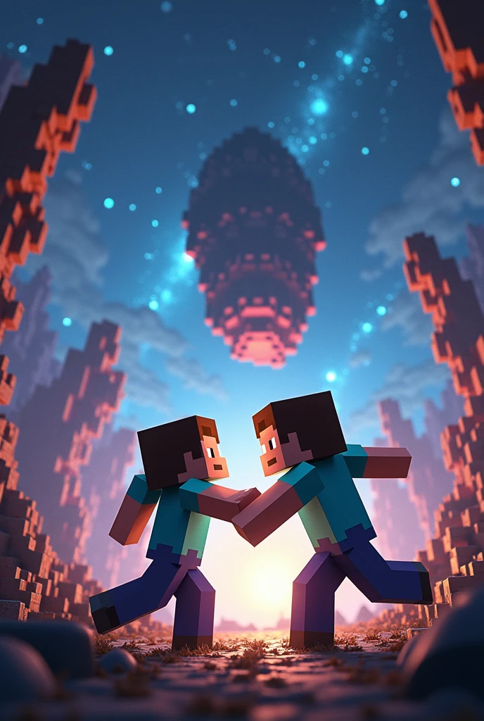 Create a 2 person minecraft landscape doing pvp(fighting) in space with the rocks raised levitating. On that same map do it but now with different skins





