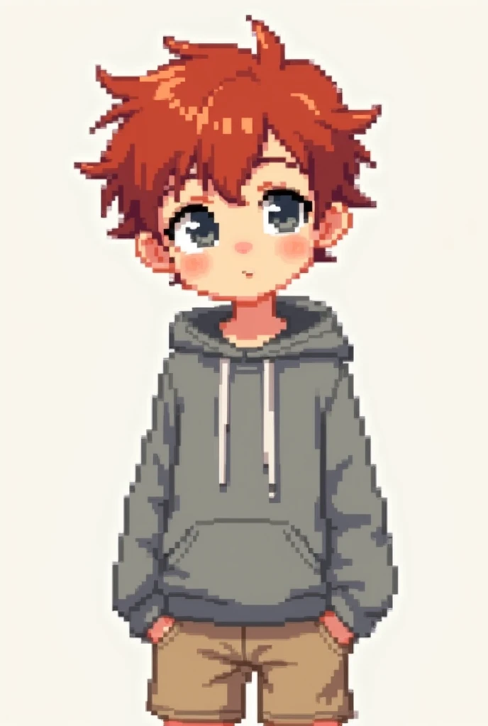 boy with red unkempt short hair, gray eyes, grey sweatshirt and beige shorts, Pixel style