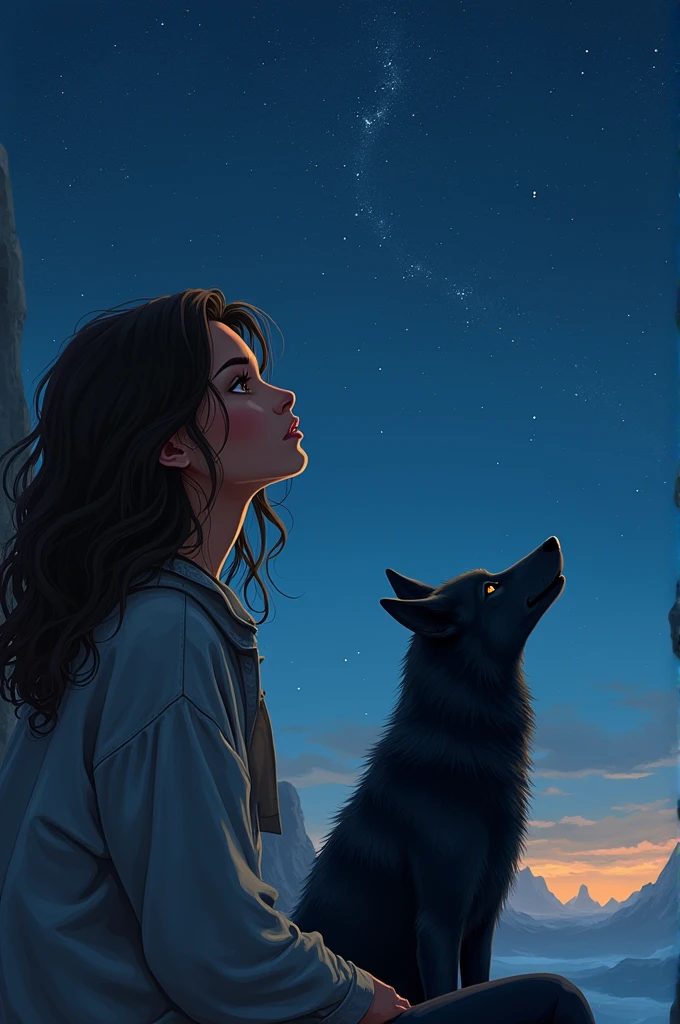 Girl with very dark brown wavy hair and hazel eyes. Elle a la peau métis. Elle est proche d'une falaise où le vide lui fait face. Elle est assise devant la nuit étoilée. We see it from the front but we also see the void. A black wolf with golden and orange eyes lies next to her.. Tous deux fixent le ciel. You can see the stars appearing in their eyes. Night has fallen.