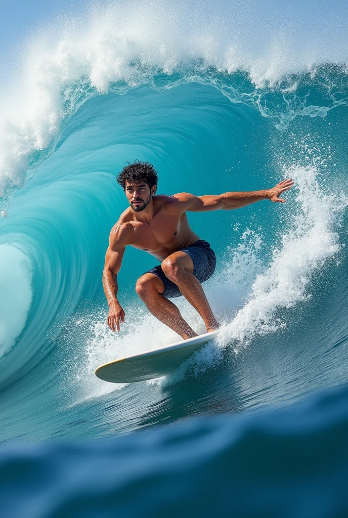 A TWENTY- MAN, FIFTY-NINE KILOS, 169 CENTS TALL, whisker, blackquality hair, SIMILAR TO SURFER GABRIEL MEDINA'S CUT, CATCHING A BIG WAVE WHILE DOING A MANEUVER