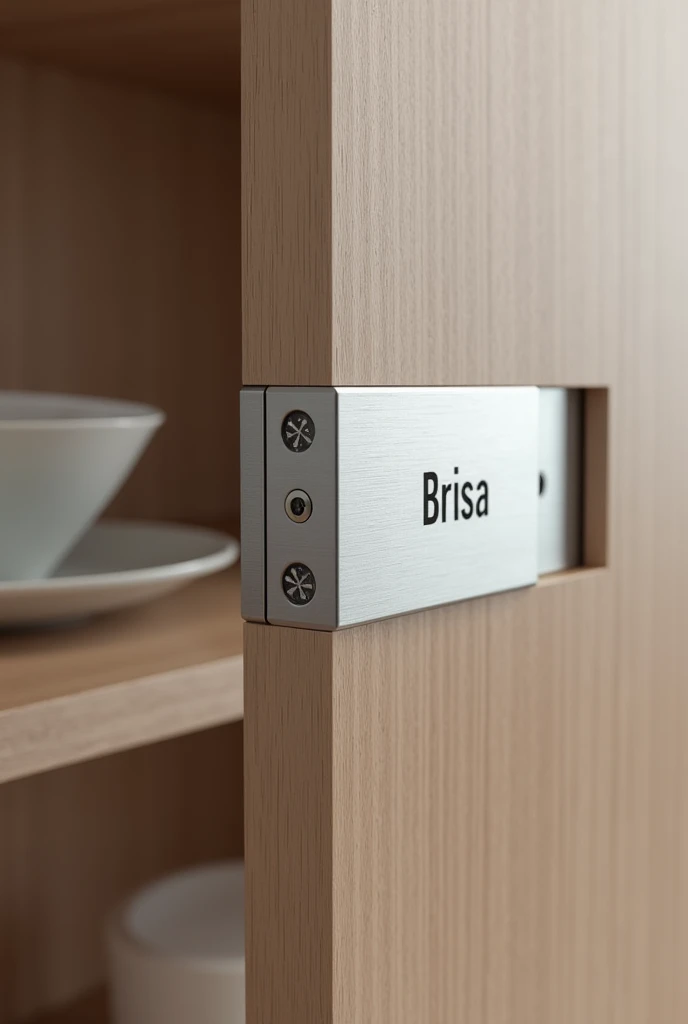 A detail image of a 35mm stainless steel caneco hinge with straight linear clip damper fitted into a custom furniture door with the name Brisa on the hinge., the lettering of the name Breeze has to be modern and minimalist