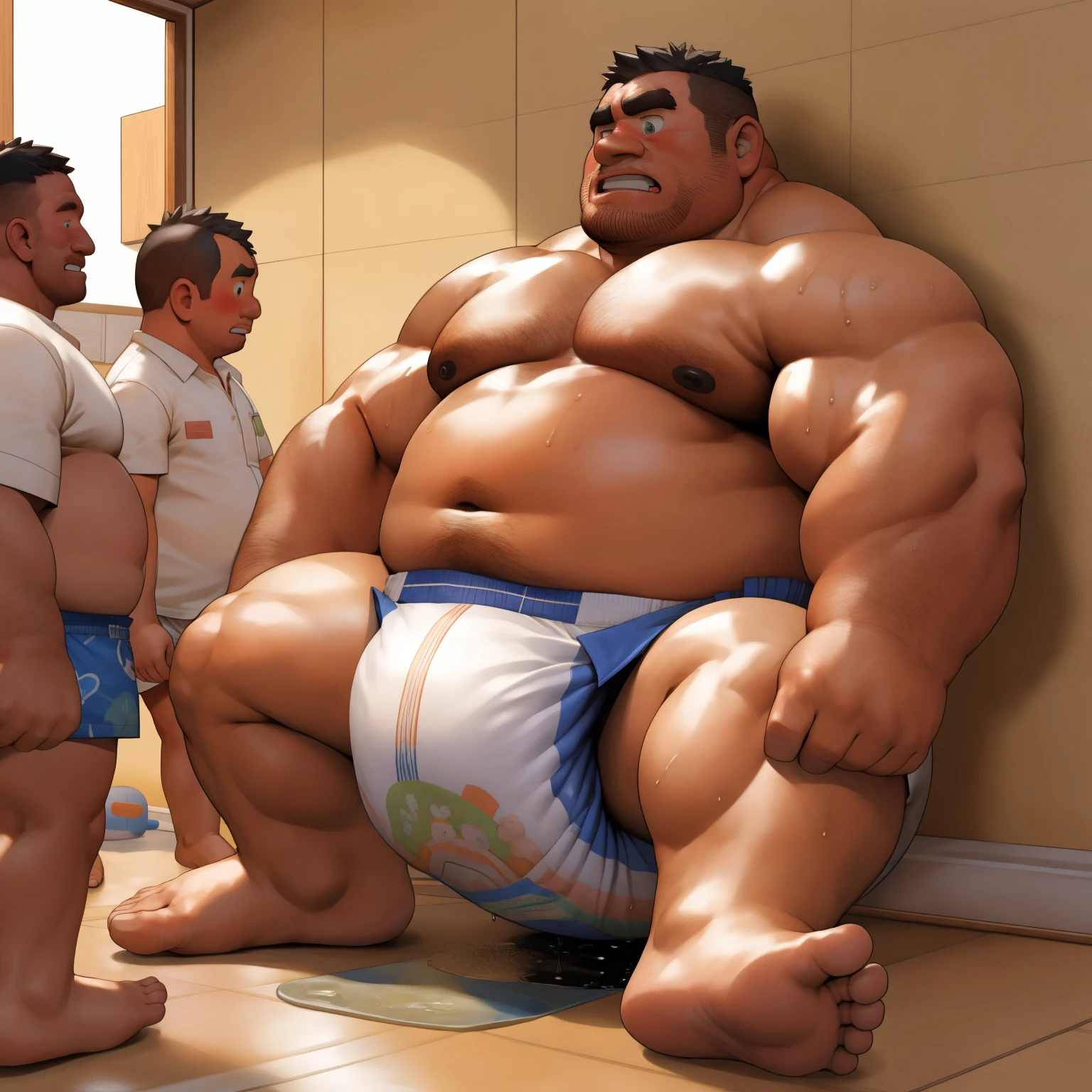 masterpiece, Top quality, in 32K, perfect anatomy, hyper detailed, super fine illustration, The thick man is a brutal retarded prisoner, hairy human, 50yo in Japan, (fatness: 1.0), Fatty muscle, Bowleg, disappointment, incontinent, shy, sissy, Weaker than children, Drool, Round face, be diaper check by children, waddle, There is a small puddle under him, incontinent, Bowleg, spread legs, wear a White cloth Diaper, Bare belly, Bare legs, Bare foots, Bare soles, Shirtless, wide forehead and short thinning hair, Man with round face with stubble, Bare foots, Bare soles, He enters nursery school and is despised by children, He surrounded by children, His bottom is wet, Bare foots, big butt, he is scolded by the children, White Diaper, He surrounded by children, sobbing, wear a White cloth Diaper, shirtless, There is a small puddle under him, big butt, sobbing, He waddle to go to children, side view