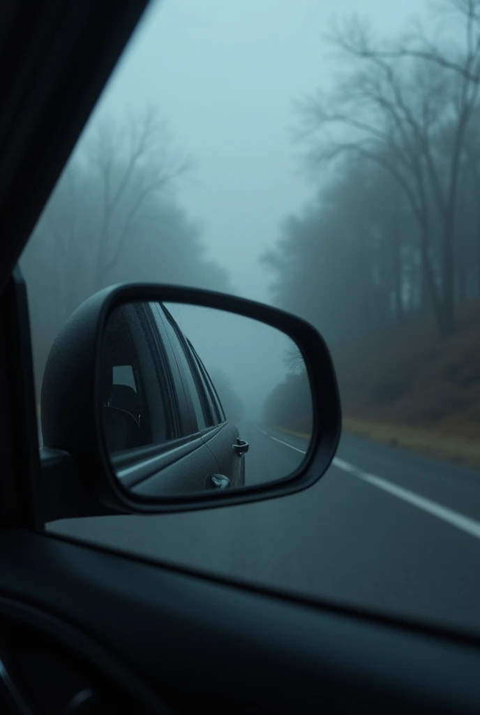 A close-up of a car's rear view mirror showing the empty back seat, on a dark road with fog