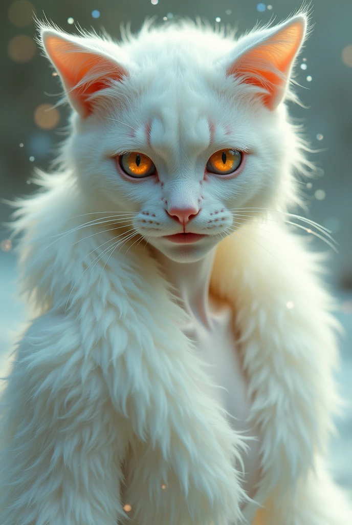 A woman with white cat features with not so realistic orange